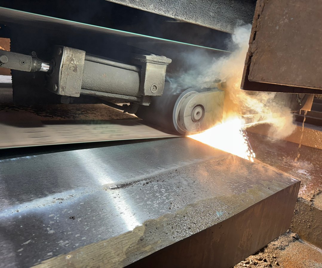 Gantry belt grinder removing stock from titanium plate